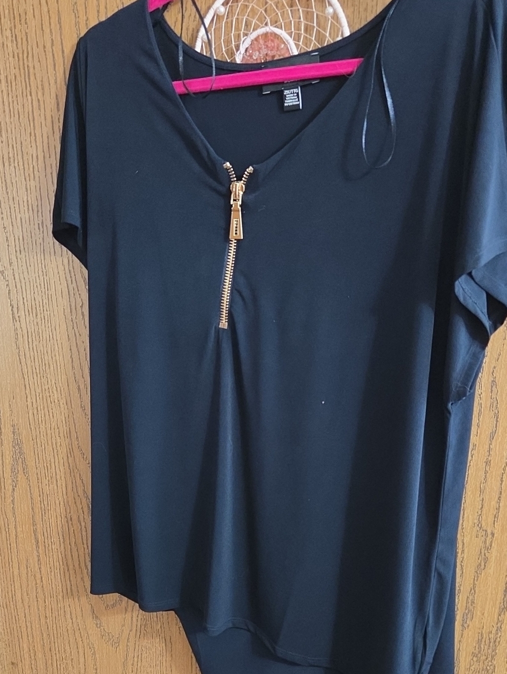 Worthington Black Short-Sleeve V-Neck Top with Gold Zip